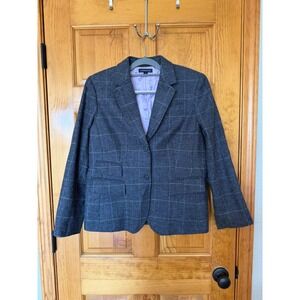 Lands End Womens 14P Wool Blazer Charcoal Grey Purple Windowpane Plaid Jacket